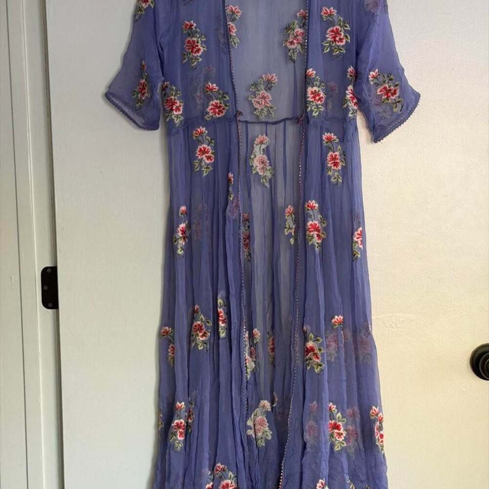 Free People Purple Embroidered Floral Sheer Maxi Duster Kimono